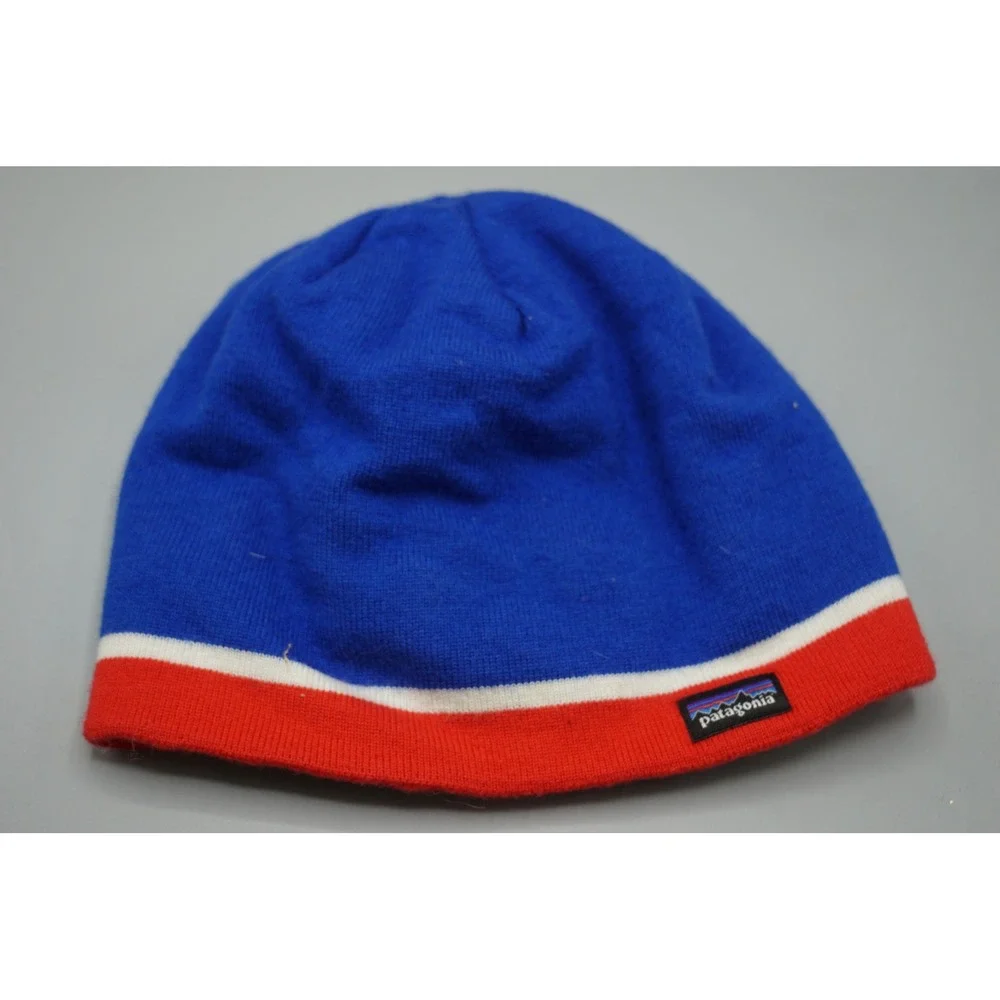 Patagonia Kids Buffalo Beanie Blue Red White Wool Blend Fleece Lined Hat ONE